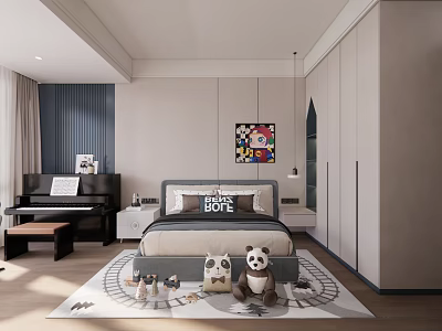 Kids Bedroom Interior With Bed Piano Decorative Art Rug And Panda Plush Toys 3d model