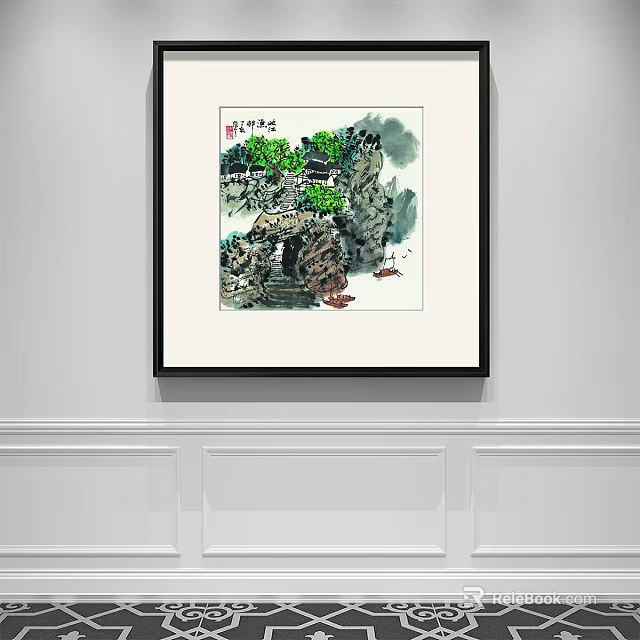 Traditional Chinese Landscape Painting With Mountain Trees Cottage Boat And Wall Decoration 3d model 