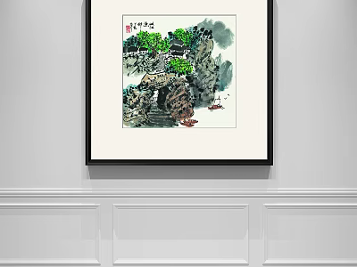 Traditional Chinese Landscape Painting With Mountain Trees Cottage Boat And Wall Decoration 3d model