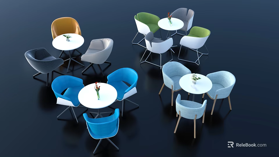 Modern Colorful Round Table and Chair Sets with Flower Decor for Café 3d model 