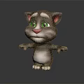 Cute Cartoon Cat 3D Model With Green Eyes Gray White Fur And Arms Outstretched