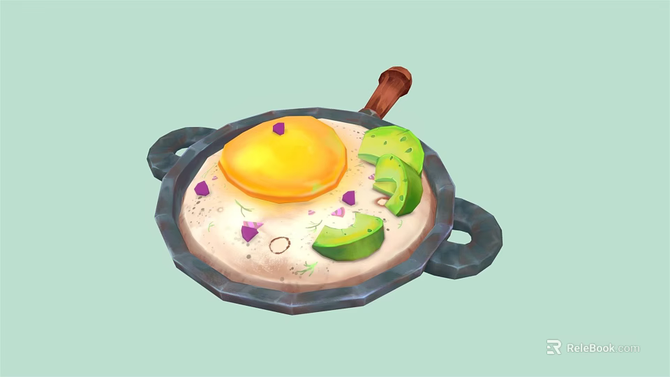 Non Stick Cooking Pan With Wooden Handle Fried Egg Avocado Slices And Purple Herbs 3d model 
