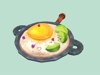 Non Stick Cooking Pan With Wooden Handle Fried Egg Avocado Slices And Purple Herbs 3d model