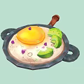 Non Stick Cooking Pan With Wooden Handle Fried Egg Avocado Slices And Purple Herbs