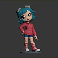 Cartoon Character Doll With Teal Hair Pink Sweater Blue Shorts Pink Boots On Blue Base