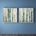 Plant Paintings With Birch Trees Blue Light Green Background And Golden Frames On Blue Wall