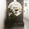 Traditional Chinese Style Store Interior With Circular Window Wall Decorations Potted Plants And Tea Sets