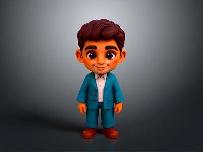 Cute Cartoon Child Boy Smiling In Blue Suit With White Shirt And Brown Shoes 3d model