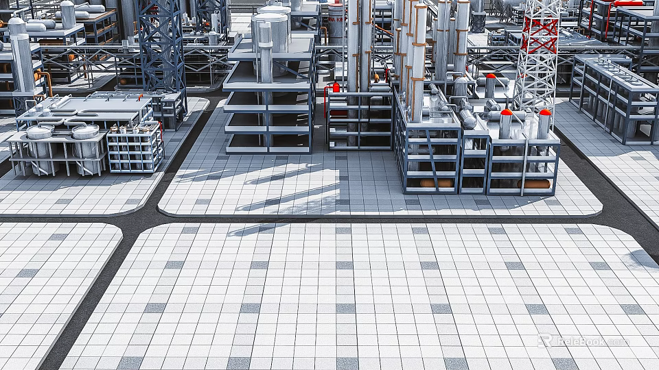 Industrial Factory Interior With Steel Structures Metal Pipes Heavy Machinery And Tiled Flooring 3d model 