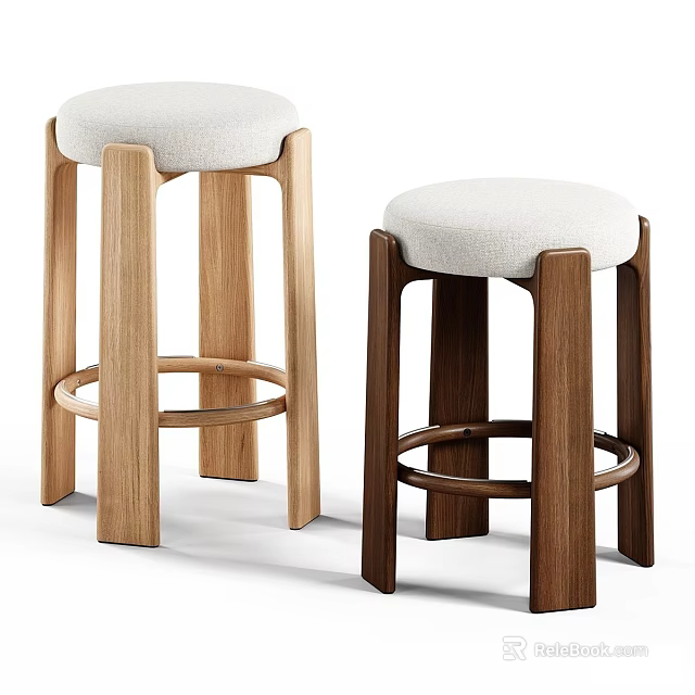 Modern Wooden Bar Stools With Upholstered Seats And Round Footrests In Different Wood Tones 3d model 