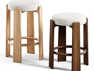 Modern Wooden Bar Stools With Upholstered Seats And Round Footrests In Different Wood Tones 3d model