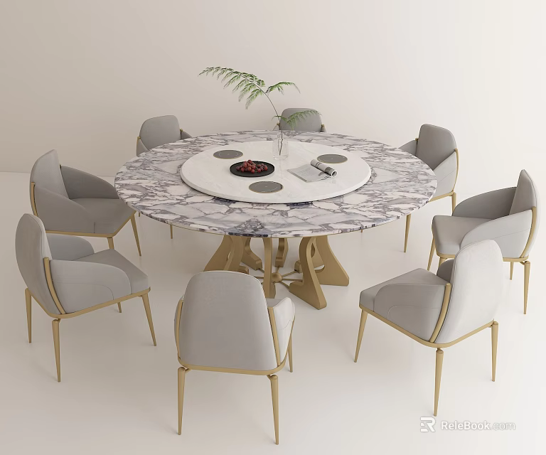 Round Marble Top Dining Table Set with Gray Gold Leg Chairs Rotating Tray 3d model