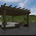 Wooden Pergola Outdoor Seating Space With Sofa Chairs Green Plants And Paved Floor