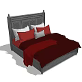 Classic Double Bed with Carved Headboard Red Bedding and Gray Throw Pillow 3d model