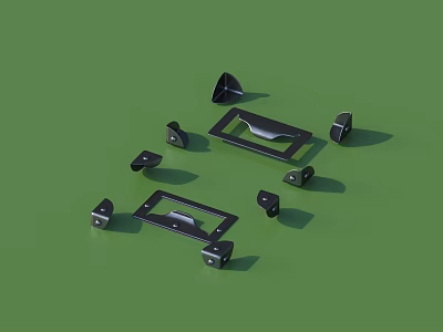 Black Metal Hardware Components With Various Geometric Shapes On Green Background 3d model