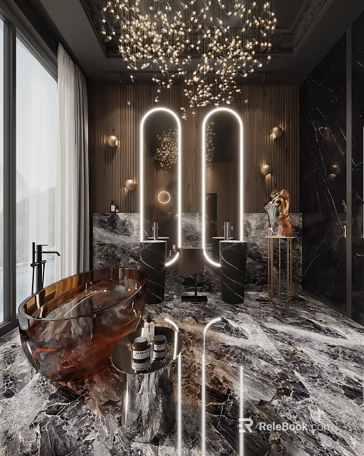 Luxury Modern Bathroom Interior With Marble Walls Double Backlit Mirrors And Copper Bathtub 3d model 