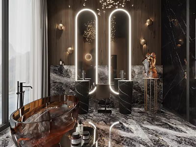Luxury Modern Bathroom Interior With Marble Walls Double Backlit Mirrors And Copper Bathtub 3d model