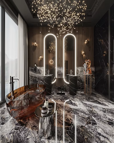 Luxury Modern Bathroom Interior With Marble Walls Double Backlit Mirrors And Copper Bathtub 3d model