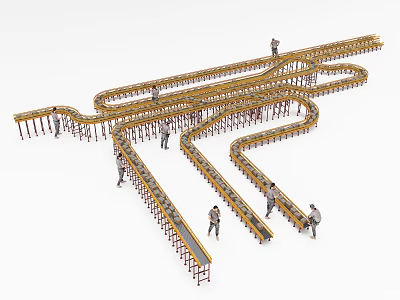 Complex Industrial Conveyor Belt System with Multiple Curved Paths and Workers Operating 3d model
