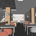 Modern Restaurant Interior Design With Wooden Counter White Tables Orange Chairs And Pendant Lights
