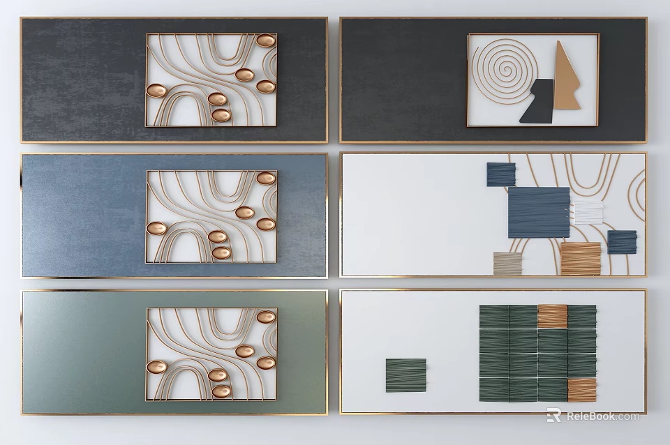 Modern Decorative Wall Art With Geometric Patterns Lines And Golden Frames 3d model