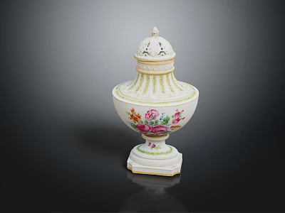Ornate White Ceramic Urn With Floral Patterns Lid And Gold Trim Base 3d model