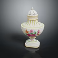 Ornate White Ceramic Urn With Floral Patterns Lid And Gold Trim Base