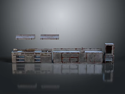 Abandoned Industrial Style Kitchen Equipment With Metal Shelves And Ovens 3d model