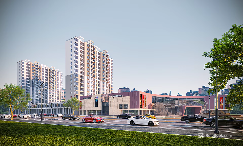 Urban Commercial Street With Tall Residential Buildings Cars Driving Green Trees Alongside And Modern Architecture 3d model 