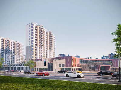 Urban Commercial Street With Tall Residential Buildings Cars Driving Green Trees Alongside And Modern Architecture 3d model