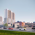 Urban Commercial Street With Tall Residential Buildings Cars Driving Green Trees Alongside And Modern Architecture
