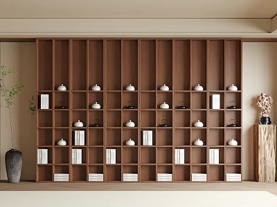 Modern Wooden Bookcase With Multiple Shelves Holding Books And Decorative White Items 3d model