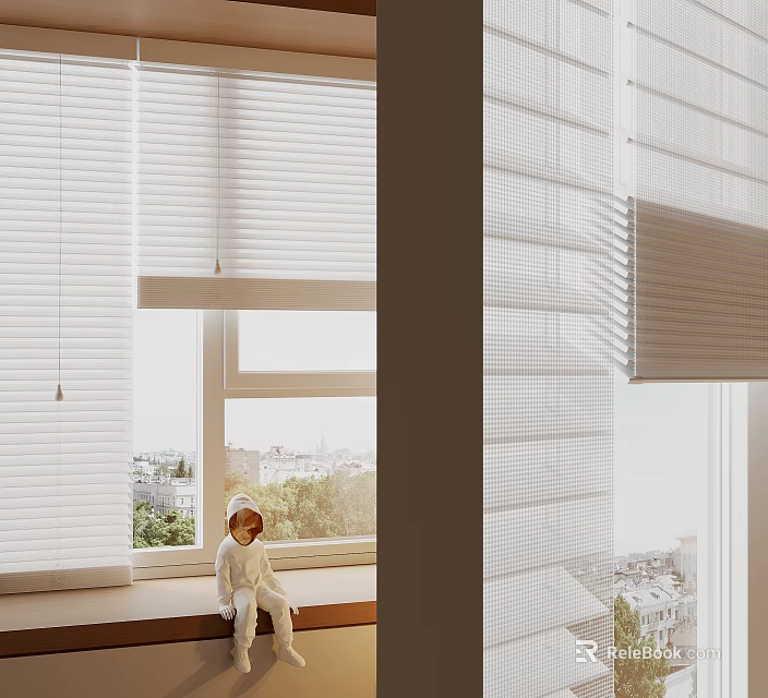 White Window Blinds With Child Sitting On Window Seat And Outdoor Green View 3d model 