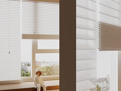 White Window Blinds With Child Sitting On Window Seat And Outdoor Green View 3d model