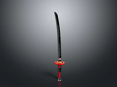 Traditional Japanese Weapon Katana With Black Blade Red Handle Red Tsuba Displayed On Gray Background 3d model