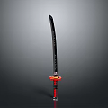 Traditional Japanese Weapon Katana With Black Blade Red Handle Red Tsuba Displayed On Gray Background