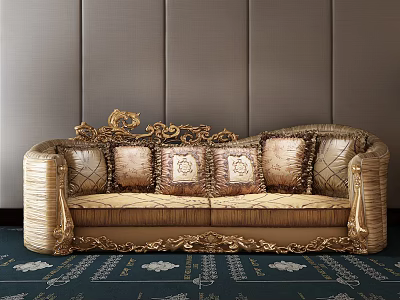 Golden Carved Double Sofa With Multiple Cushions And Striped Fabric On Dark Carpet 3d model