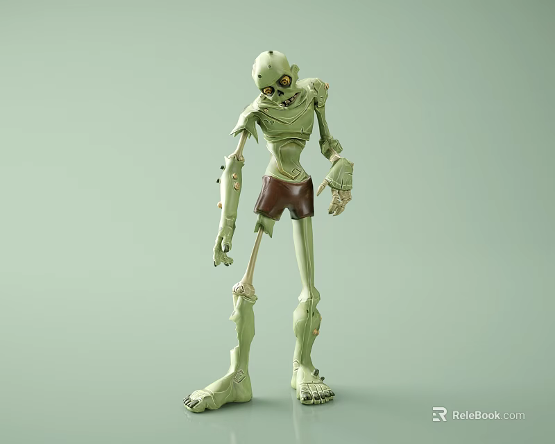 Green Skeleton Game Movie Character With Long Limbs And Brown Shorts 3d model 