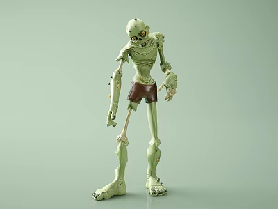 Green Skeleton Game Movie Character With Long Limbs And Brown Shorts 3d model
