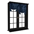 Blue Patterned Curtains Hanging On Black Frame Double Door Window