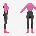 Cropped Pink Jacket Outfit With Fitted Black Jumpsuit And Pink Boots
