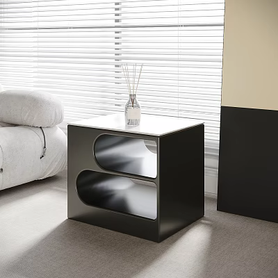 Black Side Table With Curved Design In Living Room Next To Sofa And Blinds 3d model