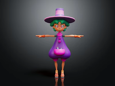 3D Witch Character With Green Hair Purple Hat And Pumpkin Pattern Dress 3d model