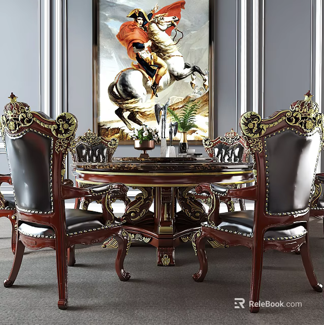 Elegant Round Dining Table Set With Ornate Carved Wooden Chairs And Leather Seats 3d model 