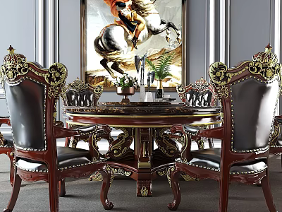 Elegant Round Dining Table Set With Ornate Carved Wooden Chairs And Leather Seats 3d model