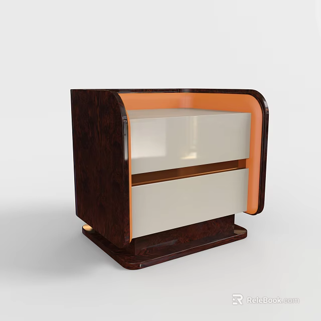 Modern Dark Brown Wooden Bedside Table With Orange Trim And White Drawers 3d model 
