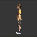 3D Boy Character Model Wearing Striped Orange Shirt Blue T-shirt Brown Shorts with Colorful Patches