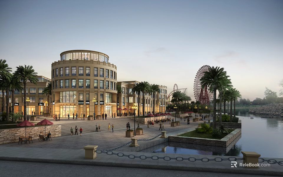 Evening Commercial Street Scene with Circular Building Palm Trees Water Feature and Ferris Wheel 3d model 