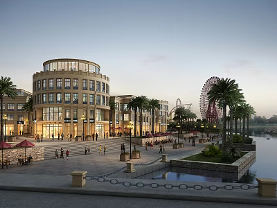 Evening Commercial Street Scene with Circular Building Palm Trees Water Feature and Ferris Wheel 3d model