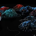 Colorful Illuminated Structures With Light Dots And People Interacting On Black Background